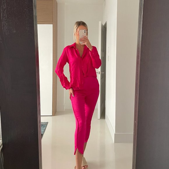 florescent pink 2 piece satin lounge wear set - Picture 1 of 4